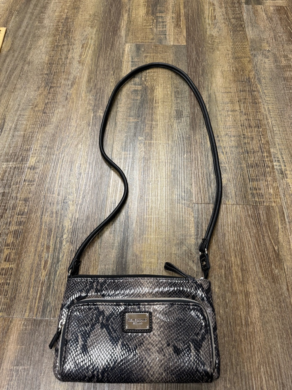 Relic Snake-Effect Crossbody Bag in Black and Gray with Designer Plaque